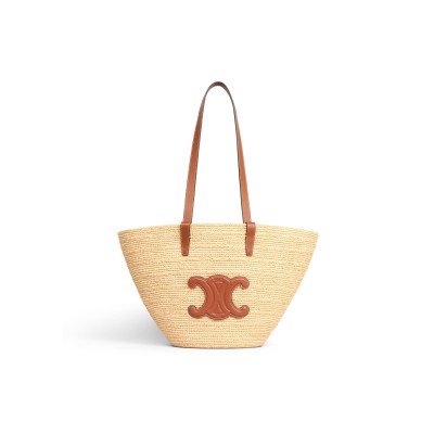 CELINE MEDIUM SUPPLE CELINE CLASSIC PANIER IN RAFFIA AND CALFSKIN 114342FF7.04LU (30*22*14cm)